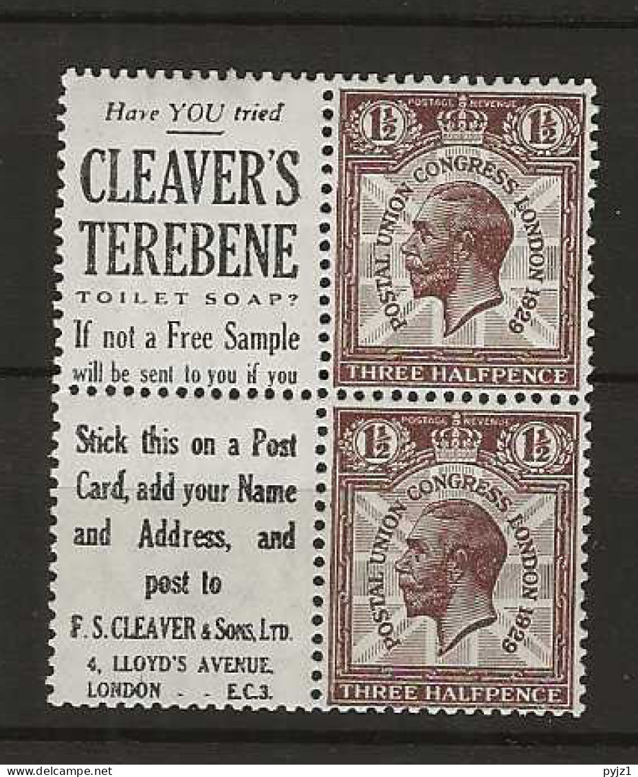 1929 MH Great Britain SG 436b Part Booklet Pane With Adverticement Labels - Unused Stamps