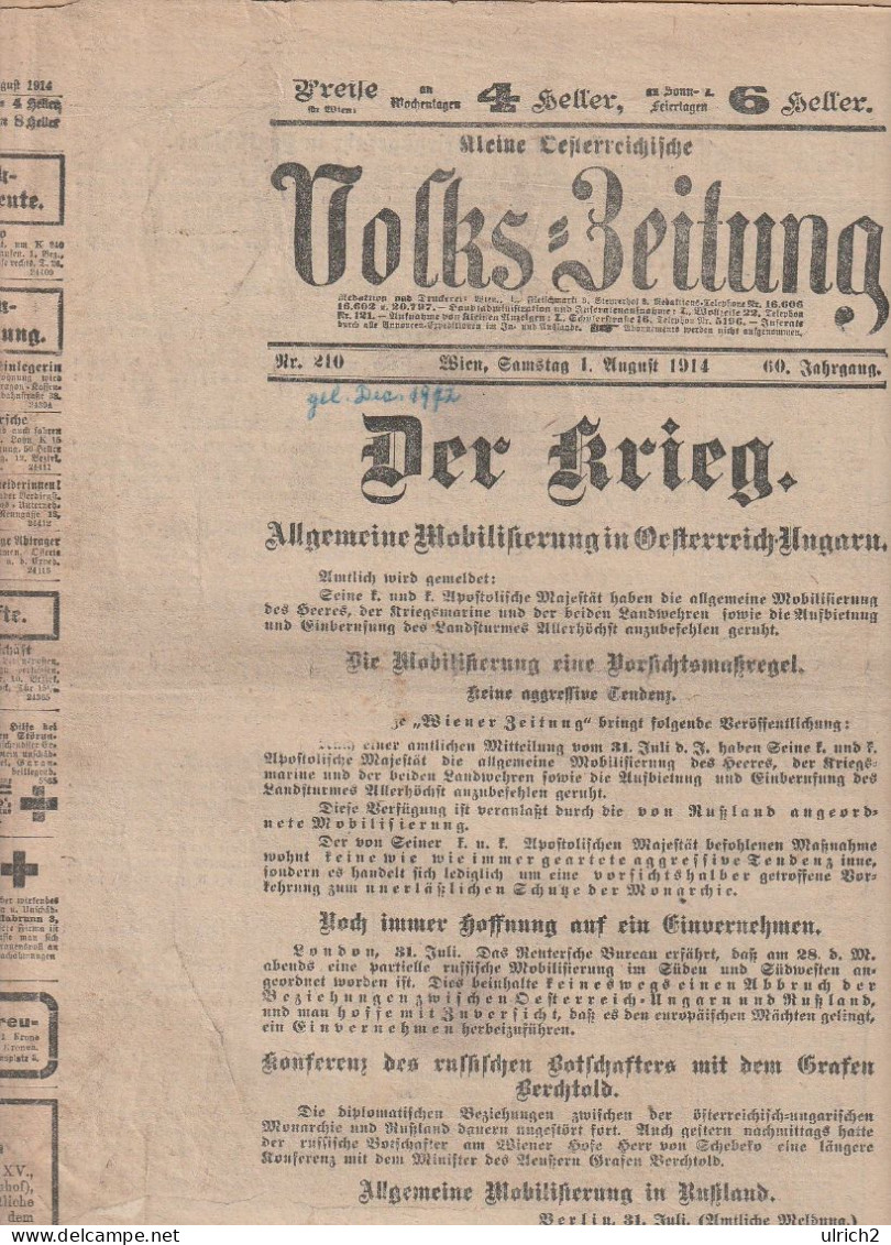 Kleine Oesterreichische Volks-Zeitung - 1. August 1914 - Der Krieg - Allgemeine Mobilisierung (65423) - Sonstige & Ohne Zuordnung