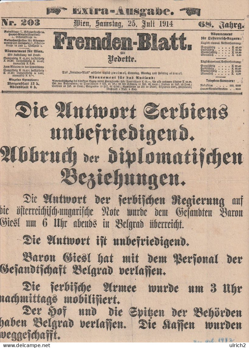 Fremden-Blatt - Wien - Extra-Ausgabe 25. Juli 1914 - Abbruch Diplomat. Beziehungen Zu Serbien (65424) - Otros & Sin Clasificación