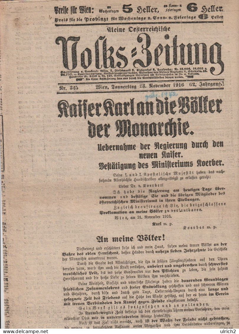 Kleine Oesterreichische Volks-Zeitung - 23. November 1916 - Kaiser Karl An Die Völker Der Monarchie (65425) - Andere & Zonder Classificatie