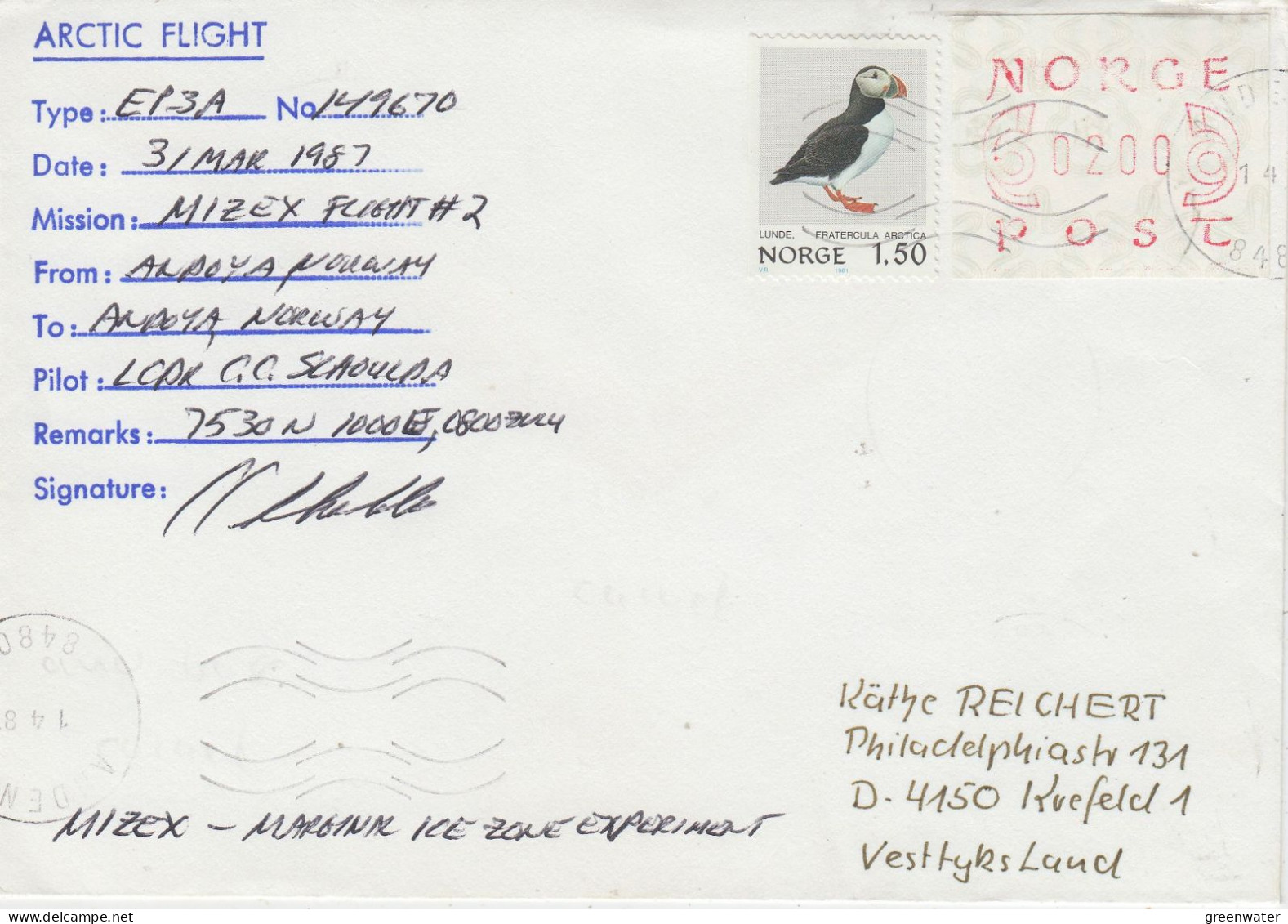 Norway  Mizex 1987 Project Arctic Flight From Ardoya To Ardoya 31.03.1987 (MZ170) - Vuelos Polares