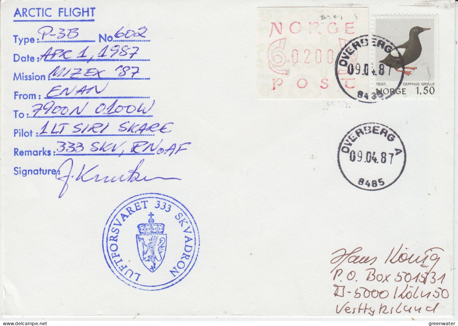 Norway  Mizex 1987 Project Arctic Flight From Enan To Arctic Sea 1.4.1987 (MZ170A) - Vuelos Polares