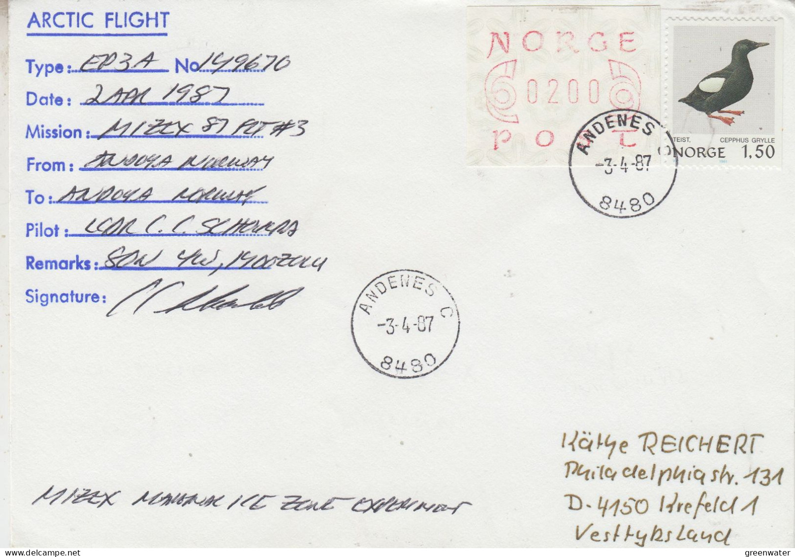 Norway  Mizex 1987 Project Arctic Flight From Andoya To Andoay 2.4.1987 (MZ170B) - Voli Polari