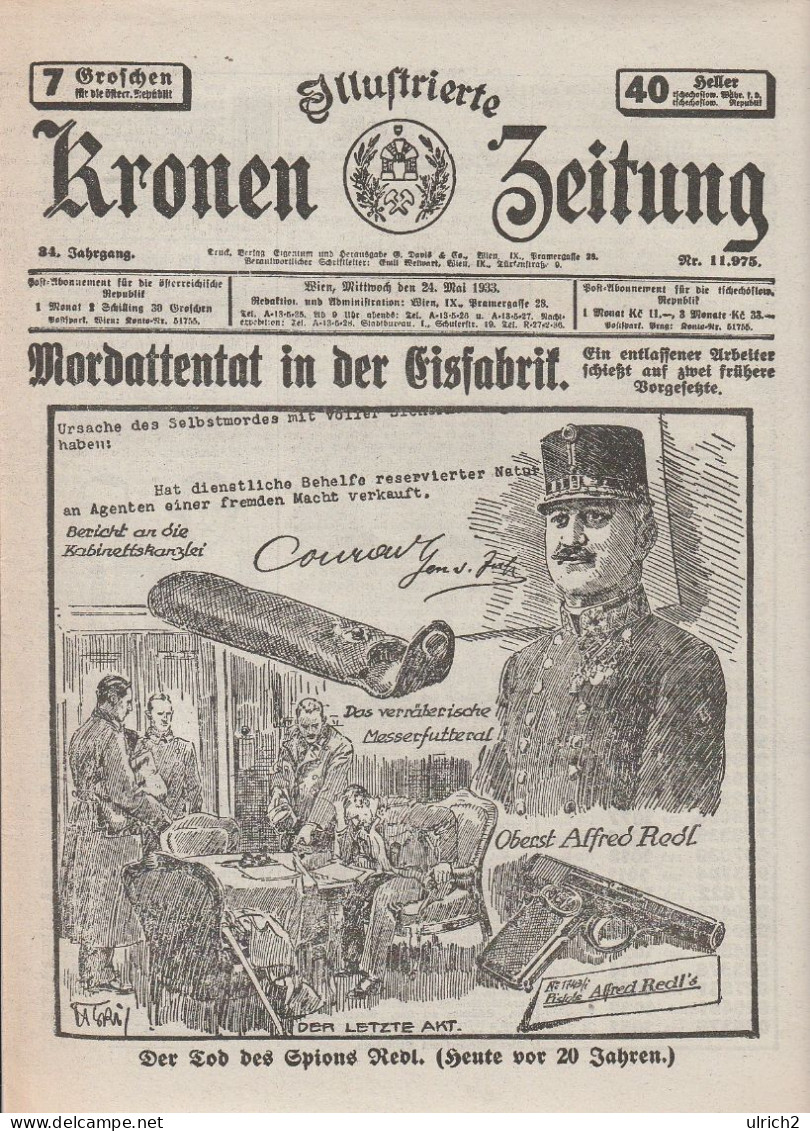 Illustrierte Kronen-Zeitung - Wien - 24. Mai 1933 - Mordattentat In Eisfabrik - 20 Jahre Tod V. Oberst Redl (65426) - Otros & Sin Clasificación