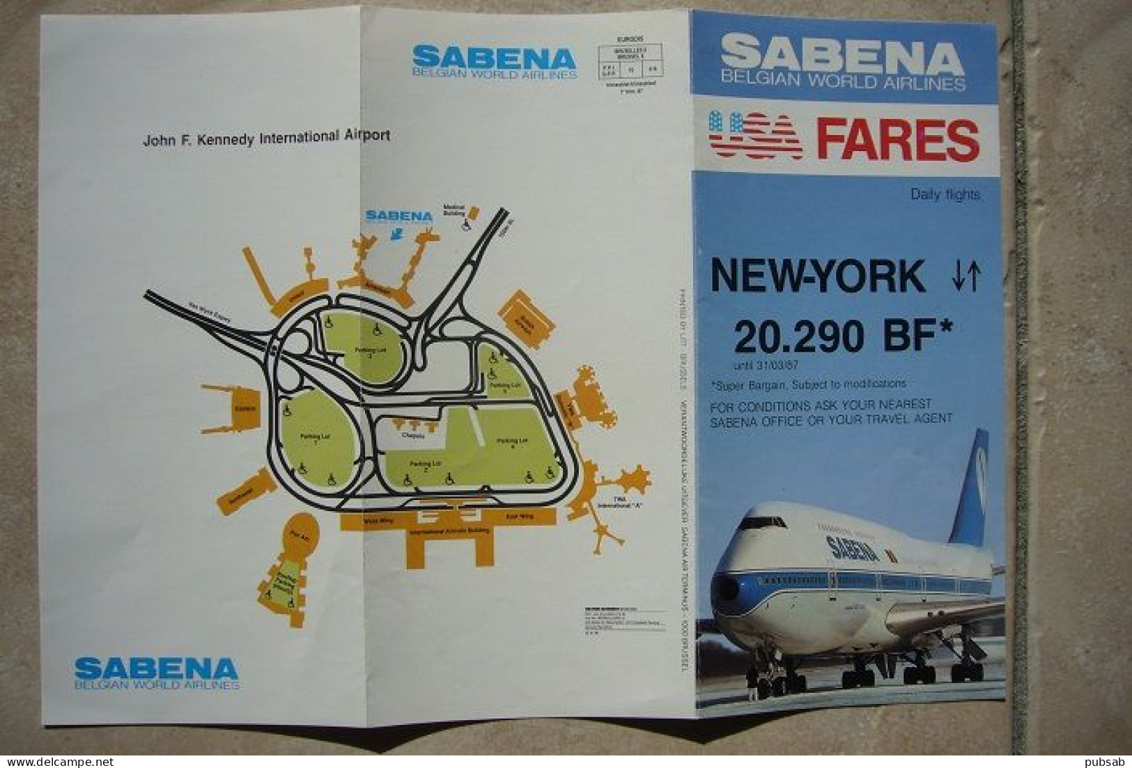 Avion / Airplane /  Sabena  / Flyer 3 Volets / USA FARES : New York / June 1987 - Werbung