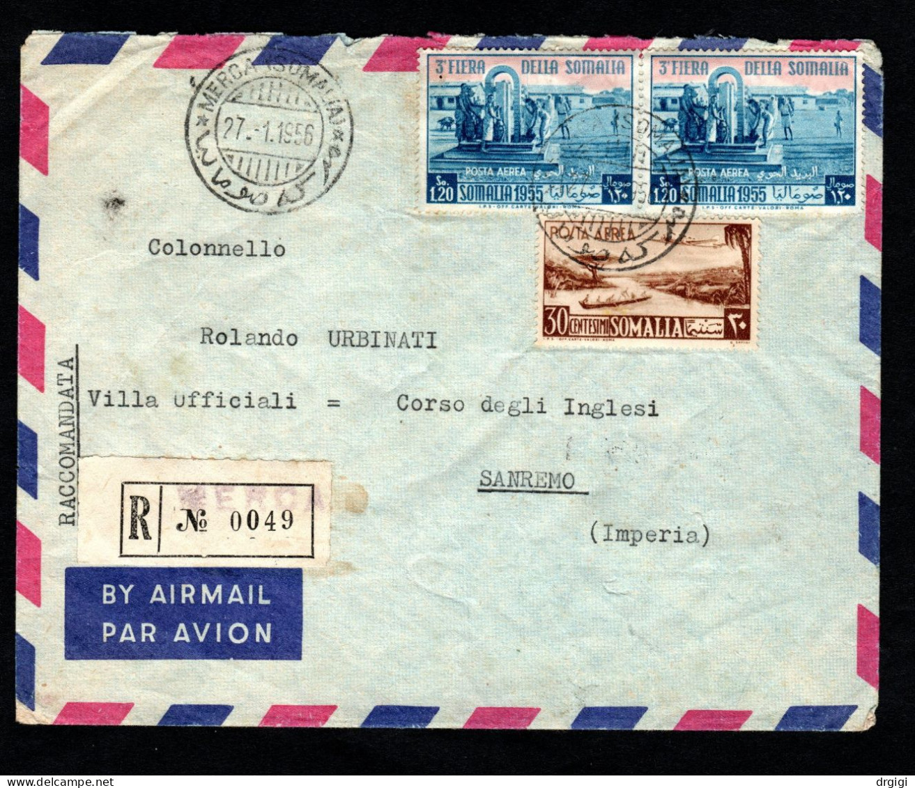 Somalia AFIS, POSTA VIAGGIATA 1956, MOGADISCIO PER SANREMO (IM) - Somalia (AFIS)