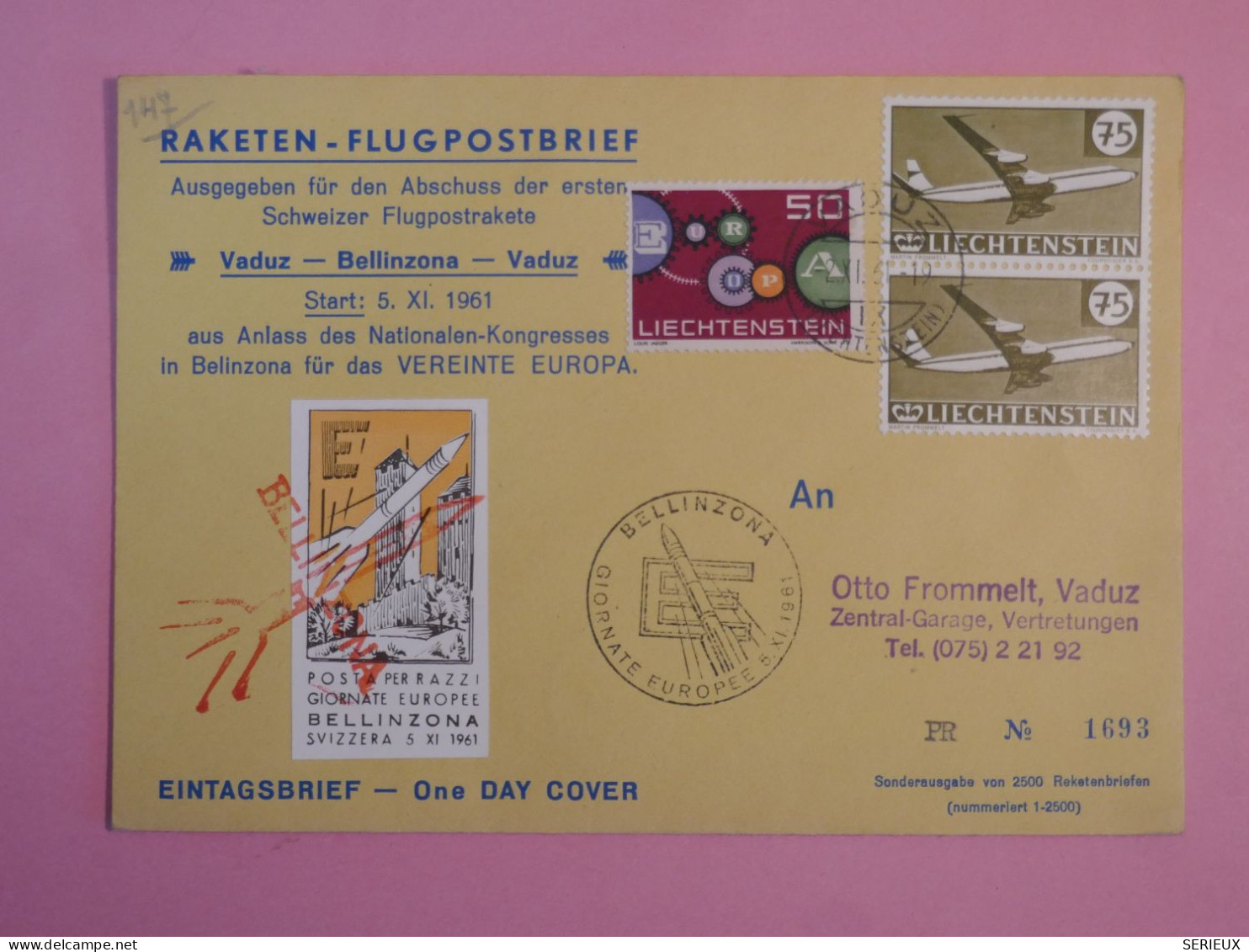 DB18 LIECHTENSTEIN   BELLE LETTRE  RAZKETE RR  FDC  1961+VIGNETTE  BELLINZONA+AFF. PLAISANT+++ - Air Post