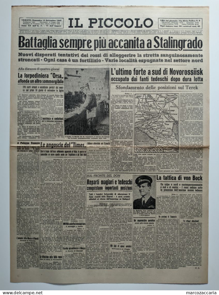 IL PICCOLO - GIORNALE Domenica 13 Settembre 1942 XX - BATTAGLIA A STALINGRADO - 2^ GUERRA - Guerre 1939-45