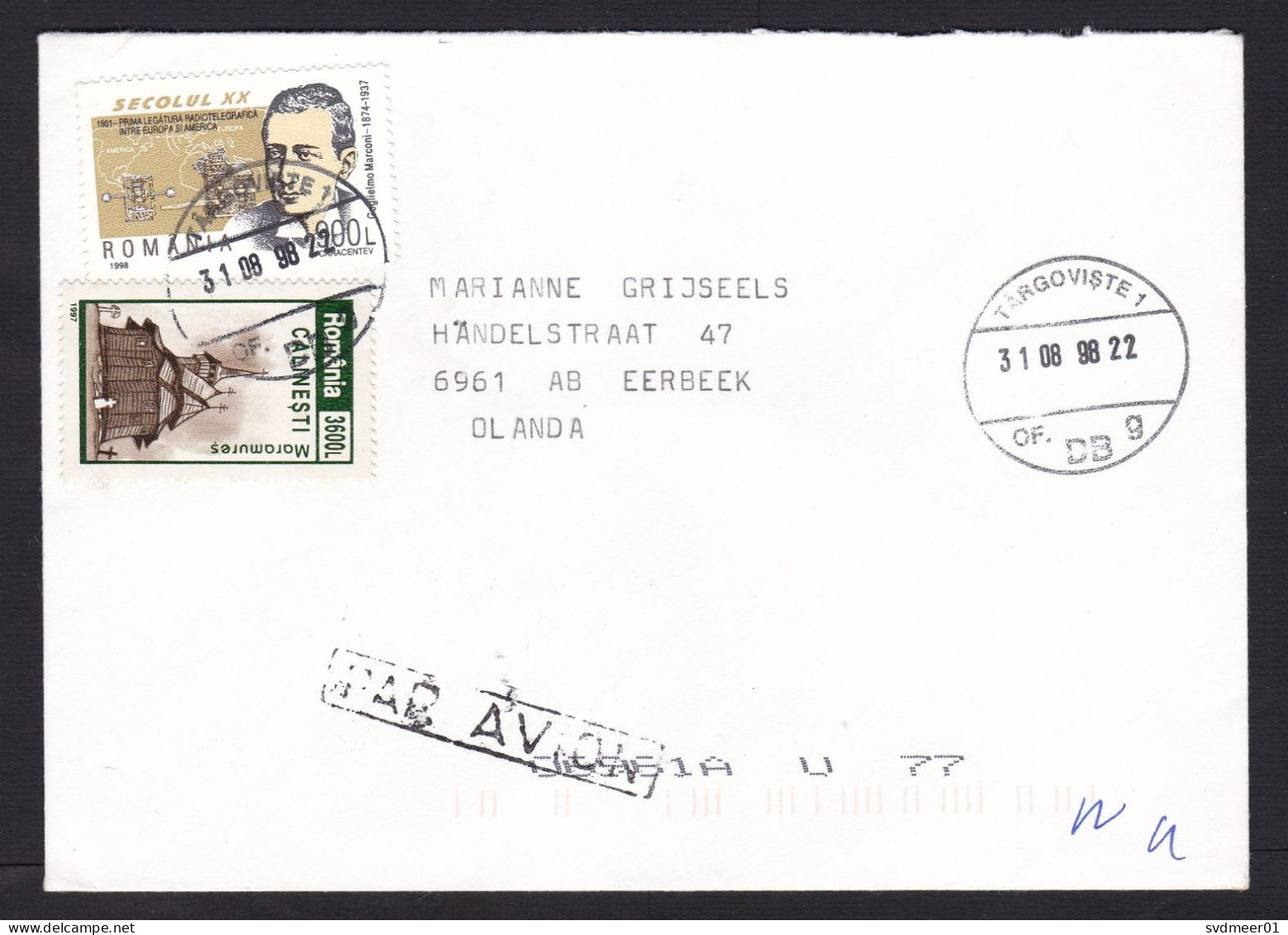 Romania: Airmail Cover To Netherlands, 1998, 2 Stamps, Marconi, Telegraph, Technology, Church, Inflation (traces Of Use) - Lettres & Documents