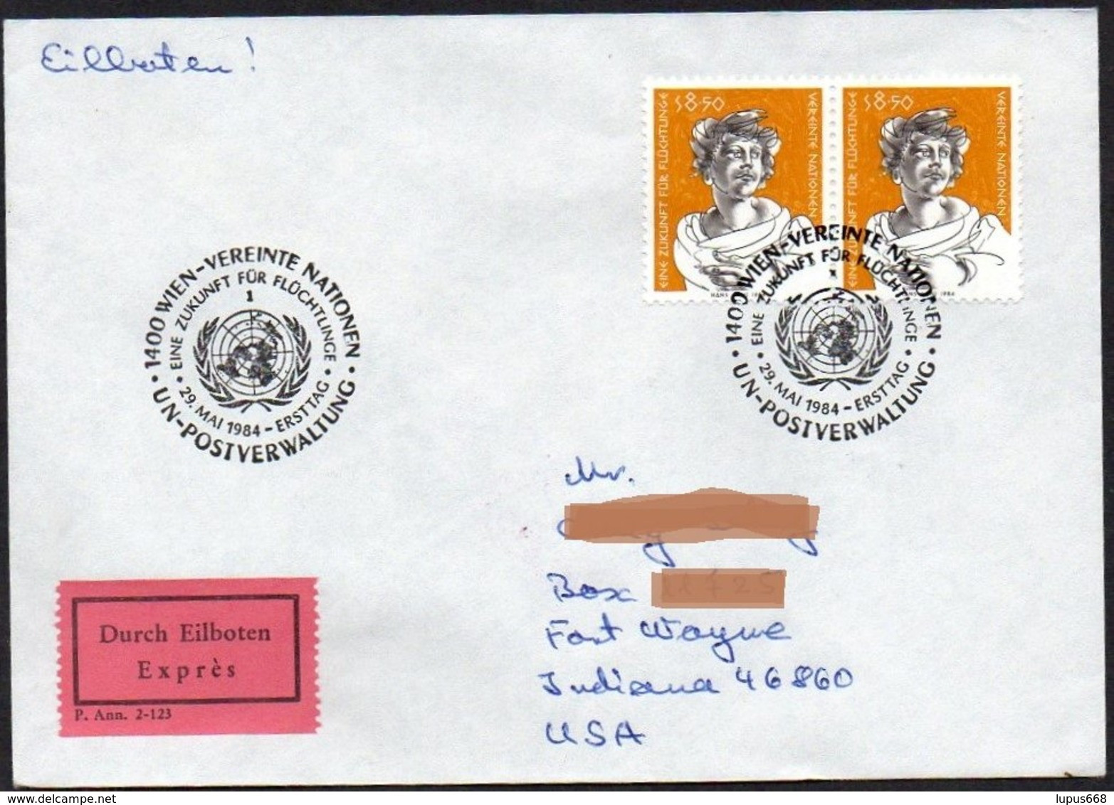 UNO - Wien  1984  MiNr. 44 (2)  Auf Express - Brief In Die U.S.A  ,  FDC; Eine Zukunft Für Flüchtlinge - Briefe U. Dokumente