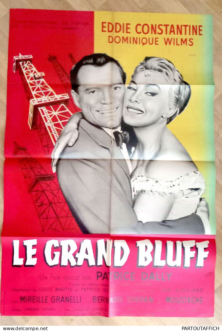 Affiche Ciné Orig GRAND BLUFF Eddie Constantine 120X80 Tour Eiffel Litho 1957 J.P MARIELLE Illu Jarry - Affiches & Posters