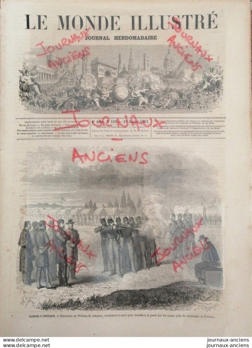 1862 GUERRE D'AMÉRIQUE - EXÉCUTION DE WILLIAM H. JOHNSON CONDAMNÉ À MORT - SÉMINAIRE DE FAIX - LE MONDE ILLUSTRÉ - 1850 - 1899