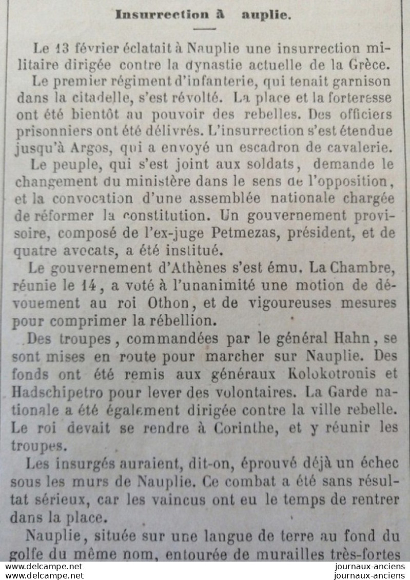 1862 GRÈCE - NAUPLIE - INSURRECTION MILITAIRE - LE MONDE ILLUSTRÉ - 1850 - 1899