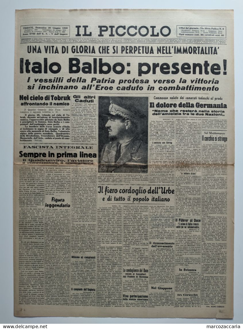 IL PICCOLO - GIORNALE Domenica 30 Giugno 1940 XVIII - MORTE ITALO BALBO -  2^ GUERRA - Oorlog 1939-45