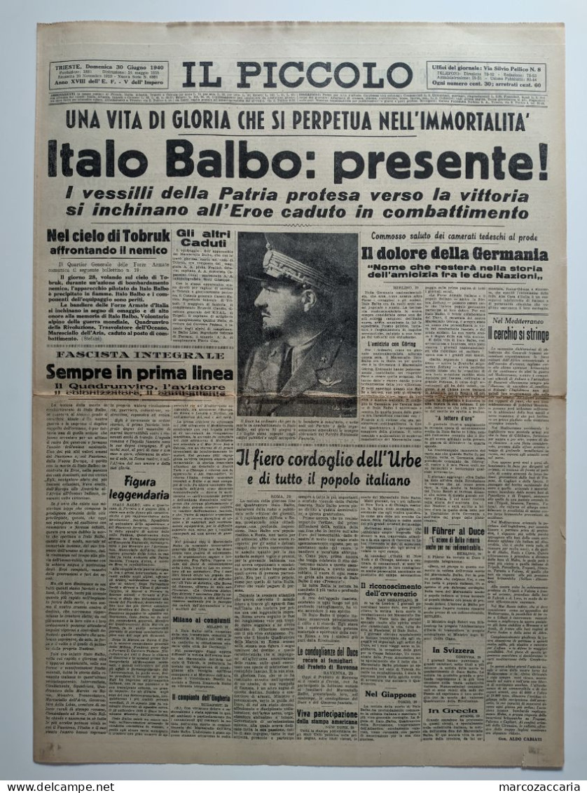 IL PICCOLO - GIORNALE Domenica 30 Giugno 1940 XVIII - MORTE ITALO BALBO -  2^ GUERRA - War 1939-45