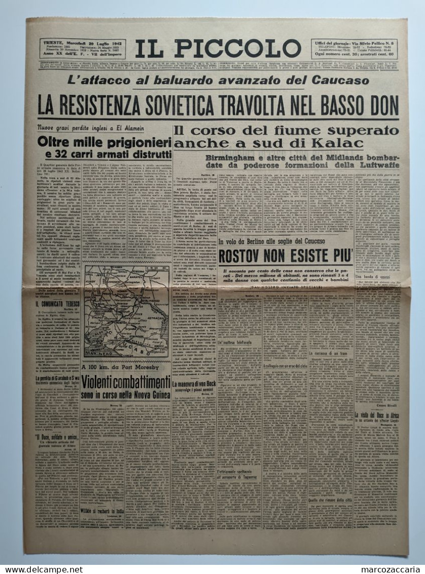 IL PICCOLO - GIORNALE Mercoledì 29  Luglio 1942 XX - SOVIETICI TRAVOLTI NEL BASSO DON - 2^ GUERRA - War 1939-45