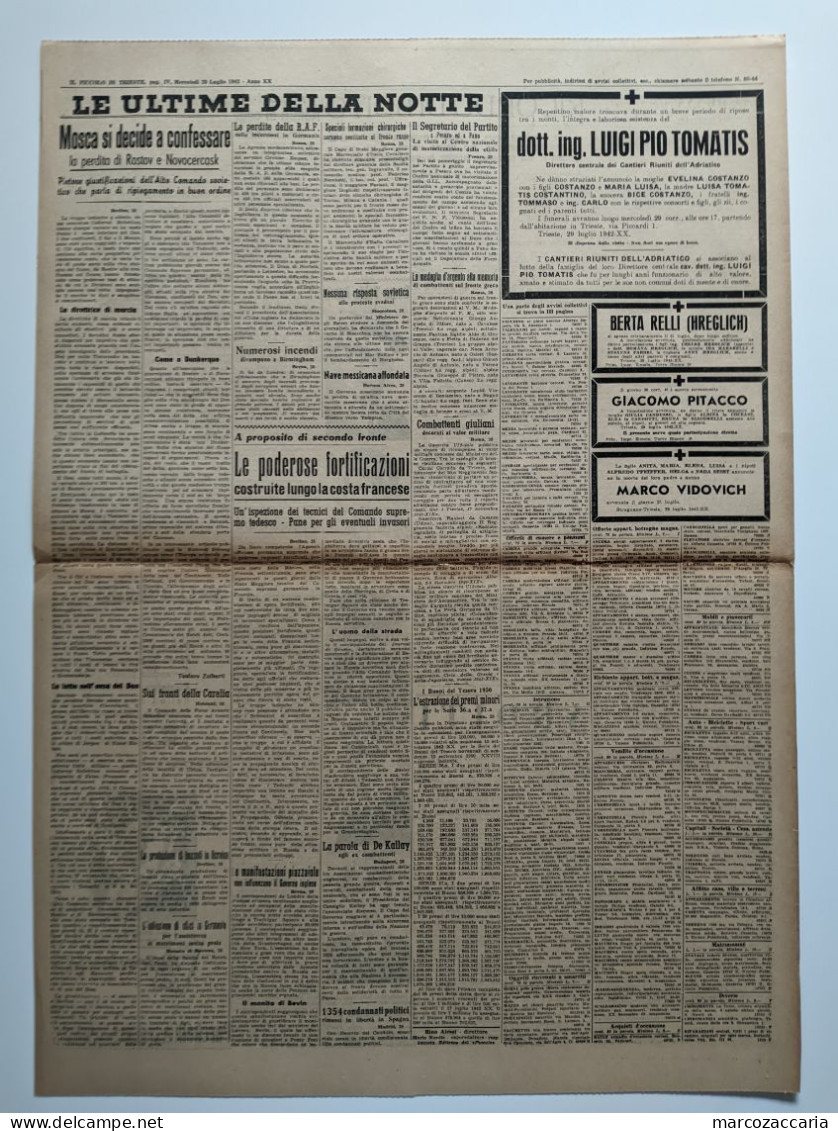 IL PICCOLO - GIORNALE Mercoledì 29  Luglio 1942 XX - SOVIETICI TRAVOLTI NEL BASSO DON - 2^ GUERRA - Weltkrieg 1939-45