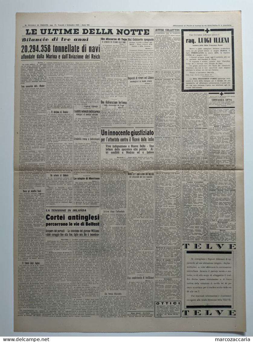 IL PICCOLO - GIORNALE Venerdì 4 Settembre 1942 XX - LOTTA INFURIA LADOGA-CAUCASO - Guerre 1939-45