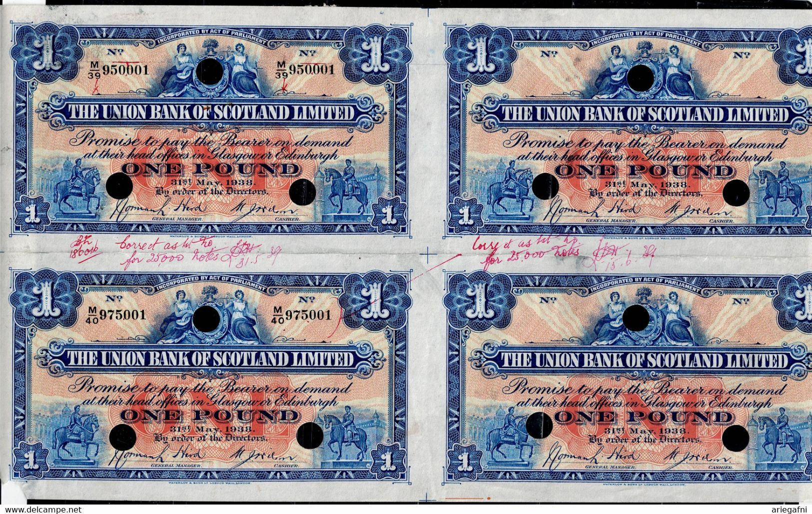 SCOTLAND 1938 UNION BANK OF SCOTLAND UNCUT OF 4 Trial £1 NOTES PRINTES PROOFS , SPECIMEN VF !! - 1 Pond