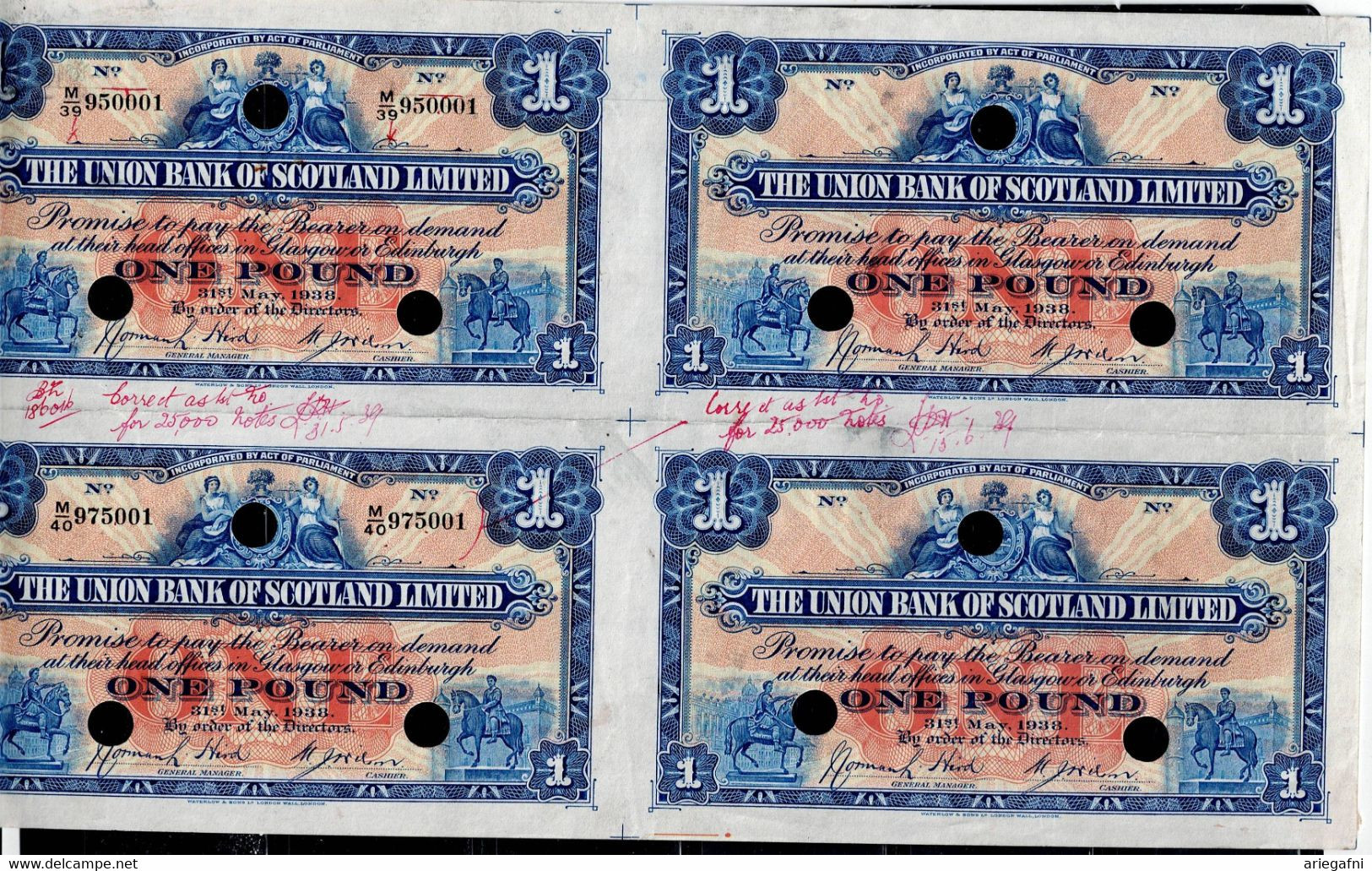 SCOTLAND 1938 UNION BANK OF SCOTLAND UNCUT OF 4 Trial £1 NOTES PRINTES PROOFS , SPECIMEN VF !! - 1 Pound