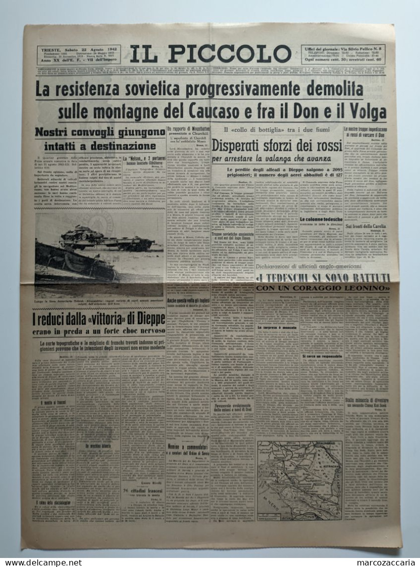 IL PICCOLO - GIORNALE Martedì 4 Agosto 1942 XX - SOVIETICI SCONFITTI SUL CAUCASO E FRA IL DON E IL VOLGA - 2^ GUERRA - Oorlog 1939-45