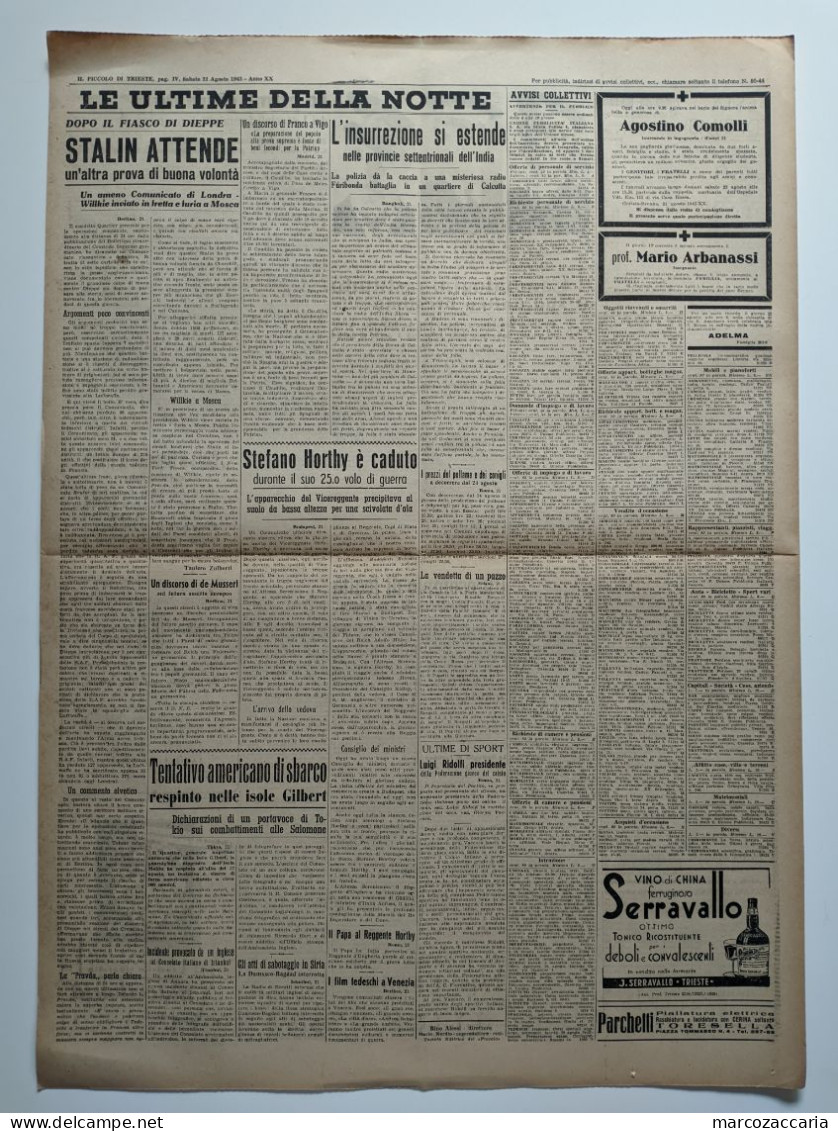 IL PICCOLO - GIORNALE Martedì 4 Agosto 1942 XX - SOVIETICI SCONFITTI SUL CAUCASO E FRA IL DON E IL VOLGA - 2^ GUERRA - Weltkrieg 1939-45