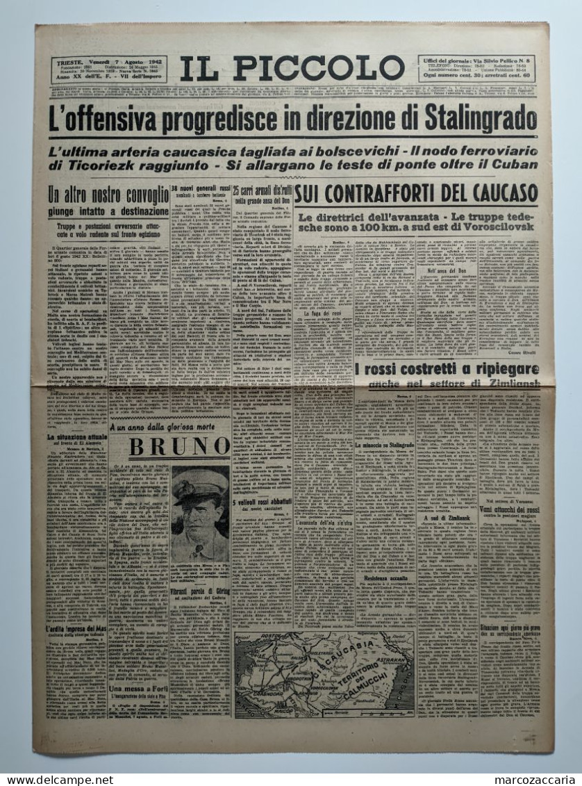 IL PICCOLO - GIORNALE Venerdì 7 Agosto 1942 XX - OFFENSIVA VERSO STALINGRADO - 2^ GUERRA - War 1939-45