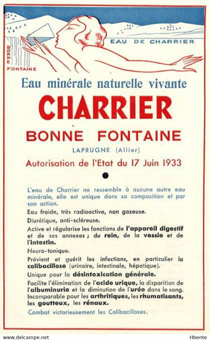 Eau Minérale Radioactive Charrier Bonne Fontaine Laprugne Allier Publicité - Advertising (Photo) - Objects