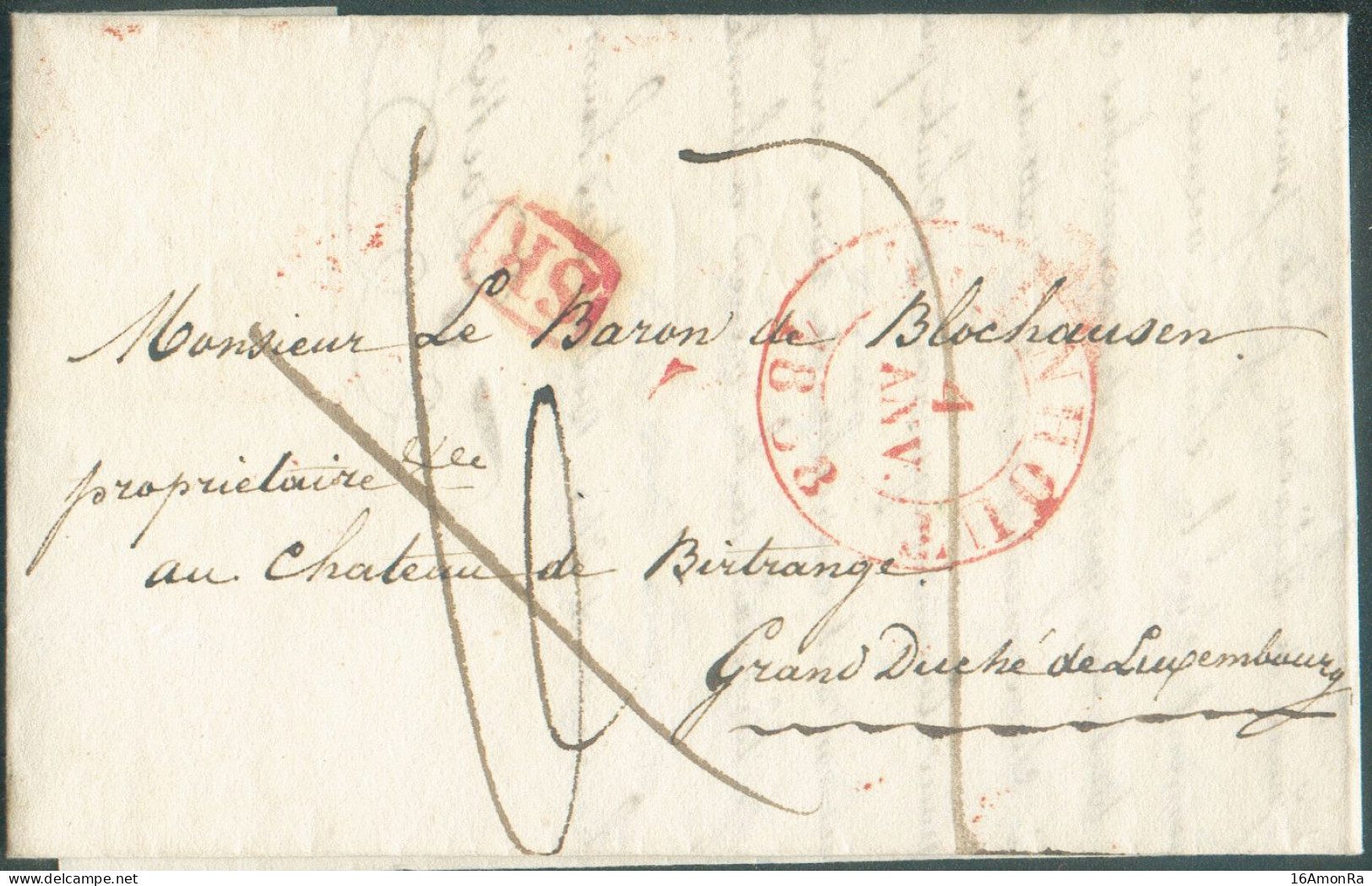 Incoming Mail : LAC De TURNHOUT 4 JANV. 1838 + Griffe Rouge PD Vers Birtrange (verso : Dc ARLON 6 Janv. 1838 Et DIEKIRCH - ...-1852 Préphilatélie