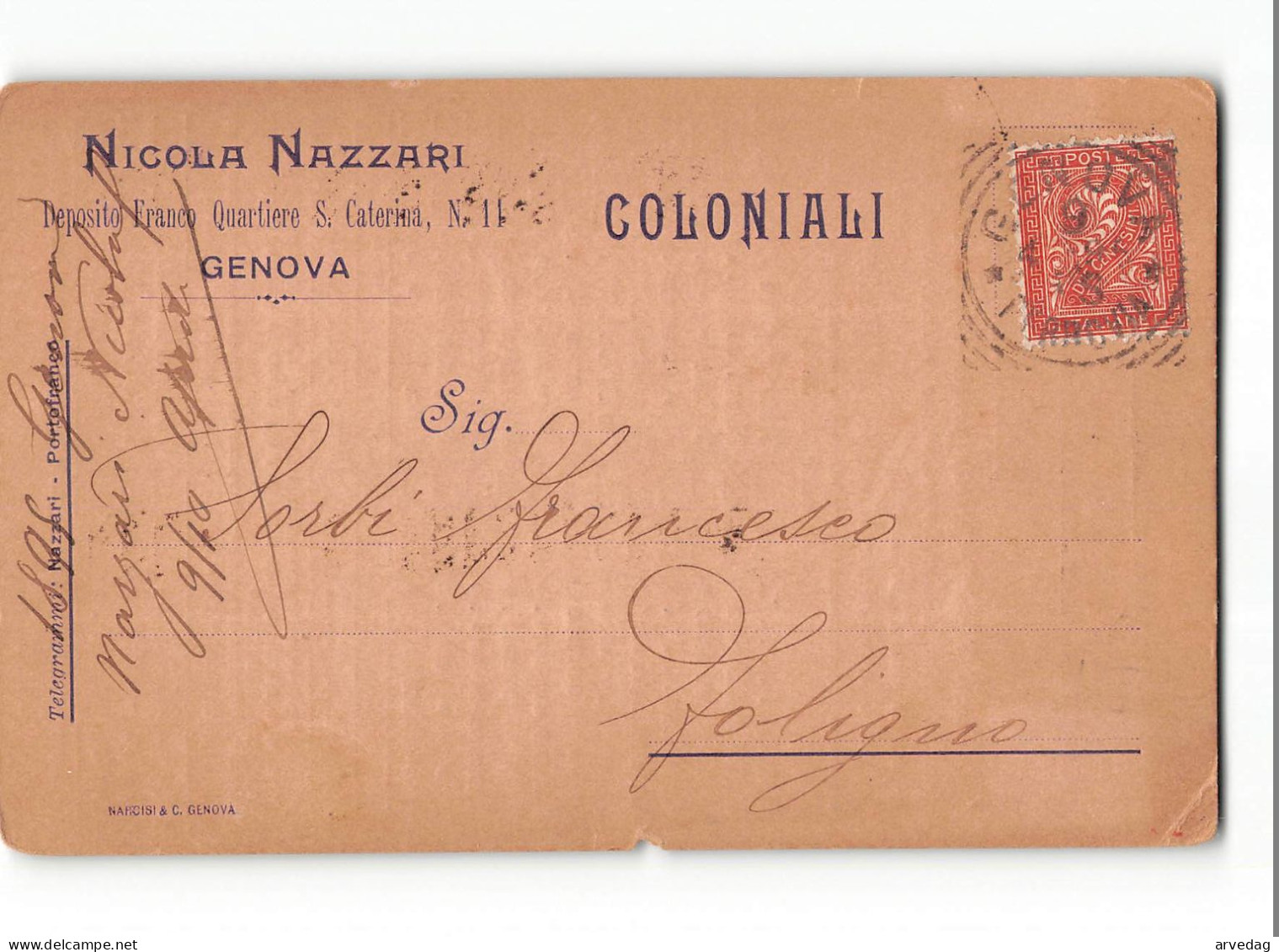 17983 NICOLA NAZZARI COLONIALI QUARTIERE S. CATERINA  GENOVA X FOLIGNO - Storia Postale