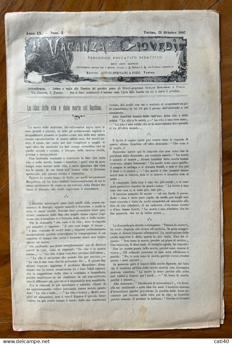 LA VACANZA DEL GIOVEDI' - PERIODICO EDUCATIVO DIDATTICO - TORINO 21/10/1897 - COMPLETO - AFFRANCATO CON COPPOIA C.2 - Santé Et Beauté