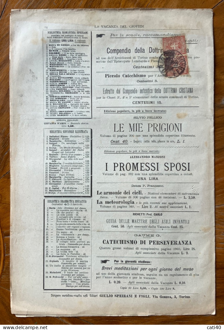 LA VACANZA DEL GIOVEDI' - PERIODICO EDUCATIVO DIDATTICO - TORINO 21/10/1897 - COMPLETO - AFFRANCATO CON COPPOIA C.2 - Lifestyle