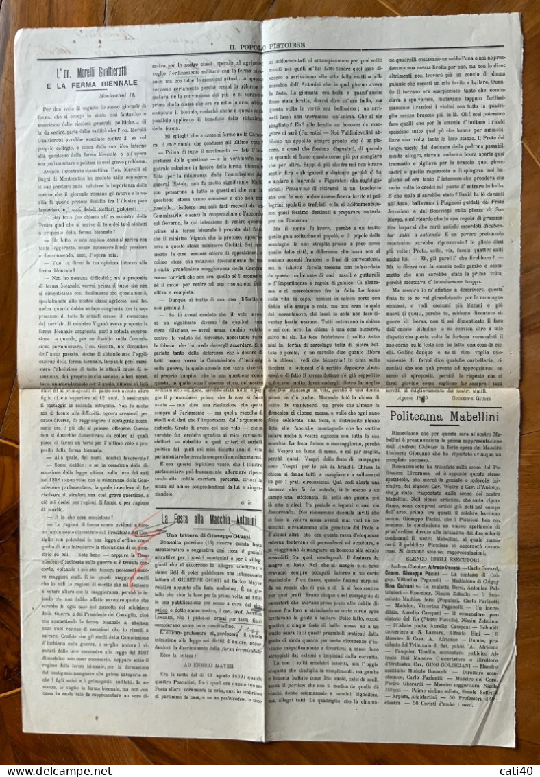 IL POPOLO PISTOIESE - 15-16 AGOSTO 1908 - SPEDITO PER POSTA : PISTOIA SU LEONI 5 C. + VERIFICATO - - Natur, Garten, Küche