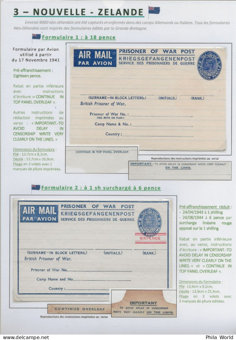 COLLECTION Entier Postal Stationery POW WW2 Partie 3 NEW ZEALAND Formulaires Avion Prisonniers 2ème Guerre Mondiale - Militares