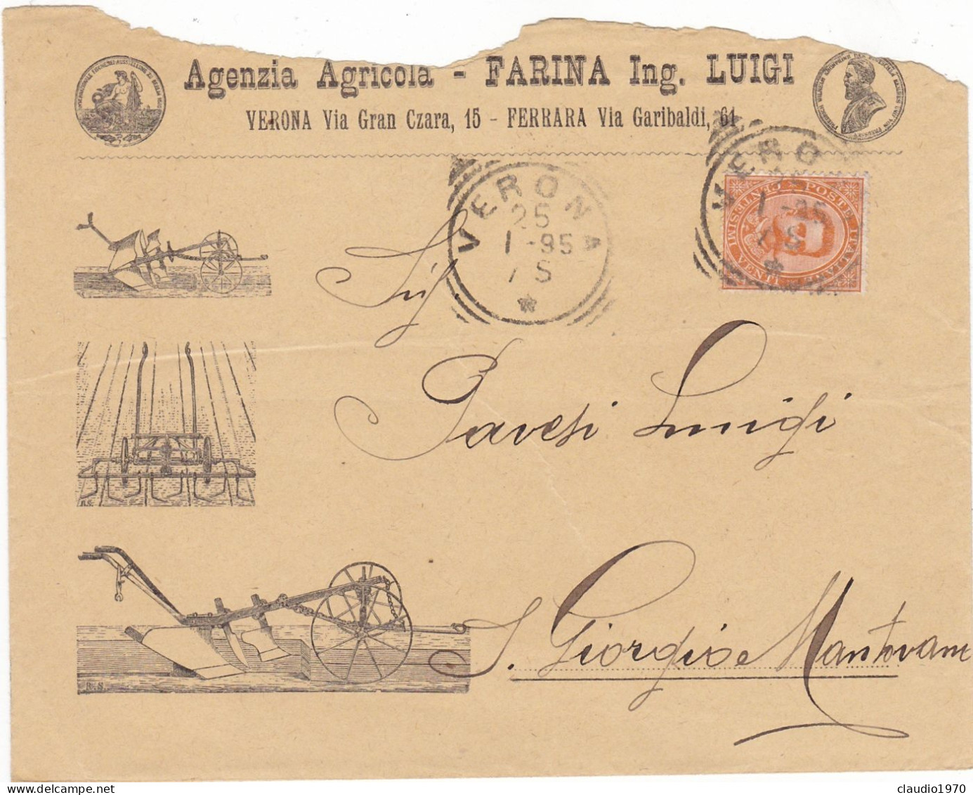 REGNO - ITALIA - VERONA - FERRARA -  AGENZIA AGRICOLA - FARINA ING. LUIGI BUSTA VG. PER S. GIORGIO MANTOVANO - 1895 - Storia Postale