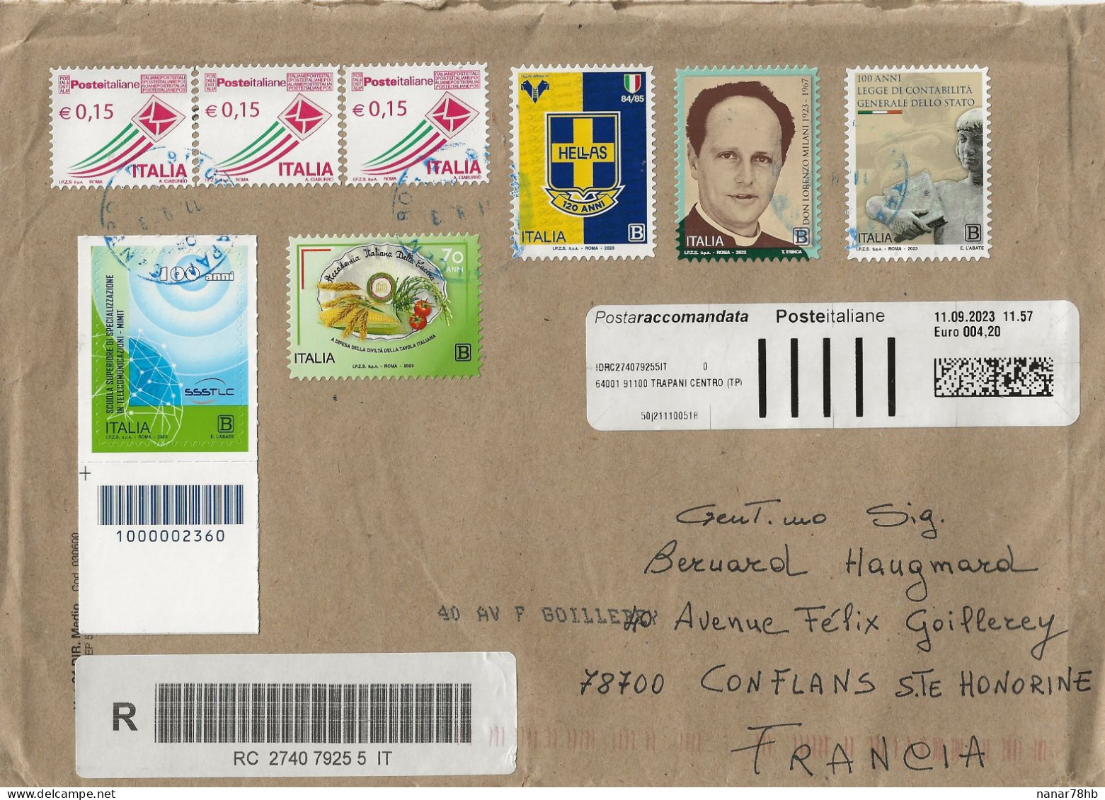 Lettre Recommandée Avec 5 Timbres B Et 3 Timbres à 0,15€ + Vignette De Complément(oblitération De Trapani Du 11/09/2023) - Covers & Documents