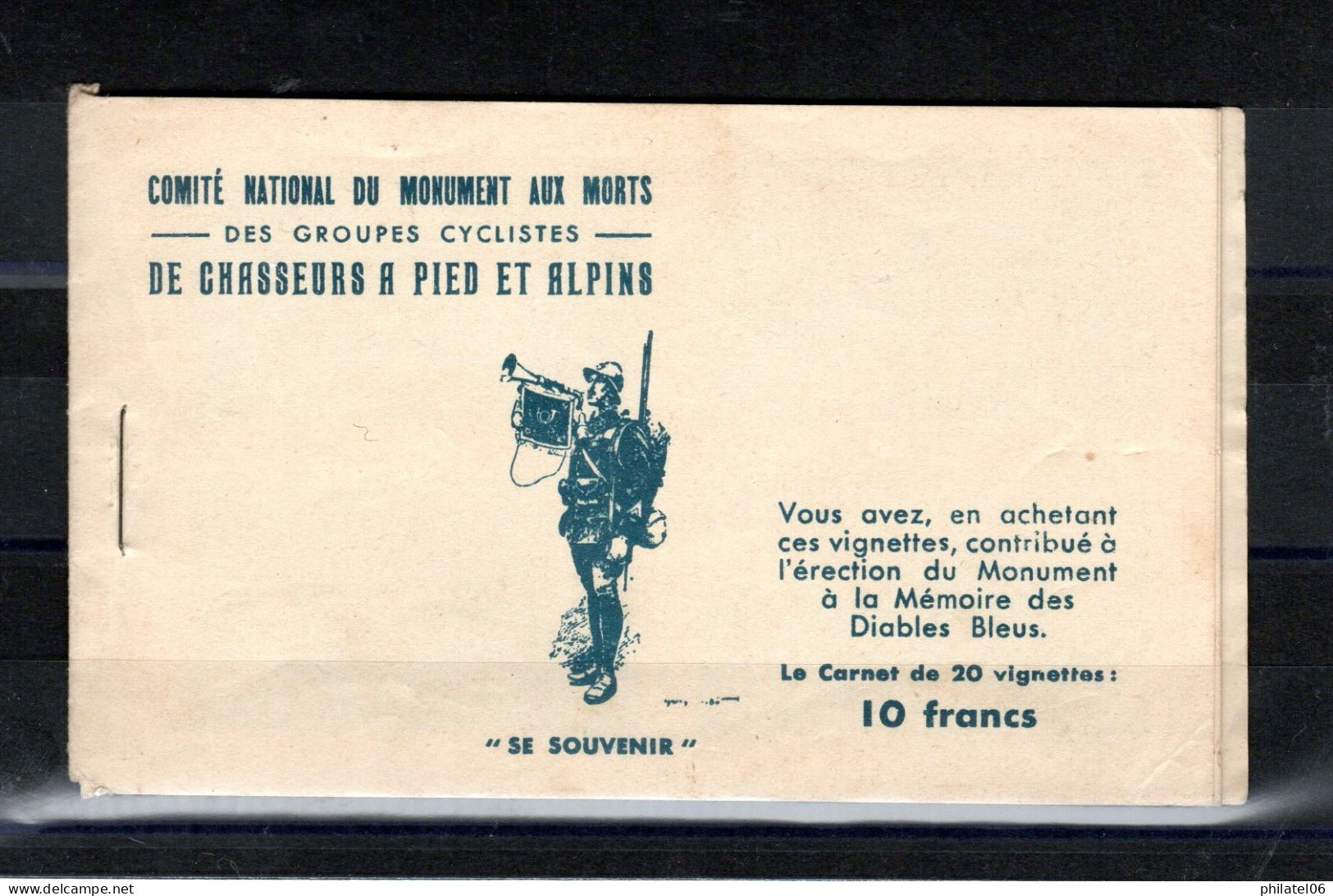 FRANCE  CARNET DE 20 VIGNETTES  CHASSEURS ALPINS  WW1  CYCLISME  VELO  COMPLET - Blokken & Postzegelboekjes