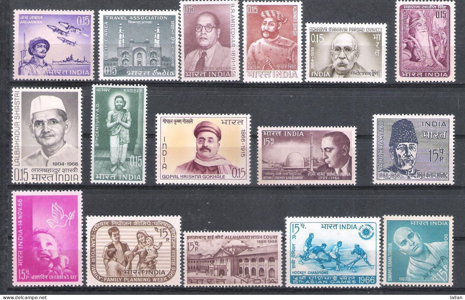 16-MNH, Complete Year 1966, Bhaba, Hockey, Kunwar Singh, Ambedkar, Etc, CV-$9.22, Condition As Per ScanSGALM2 - Nuovi