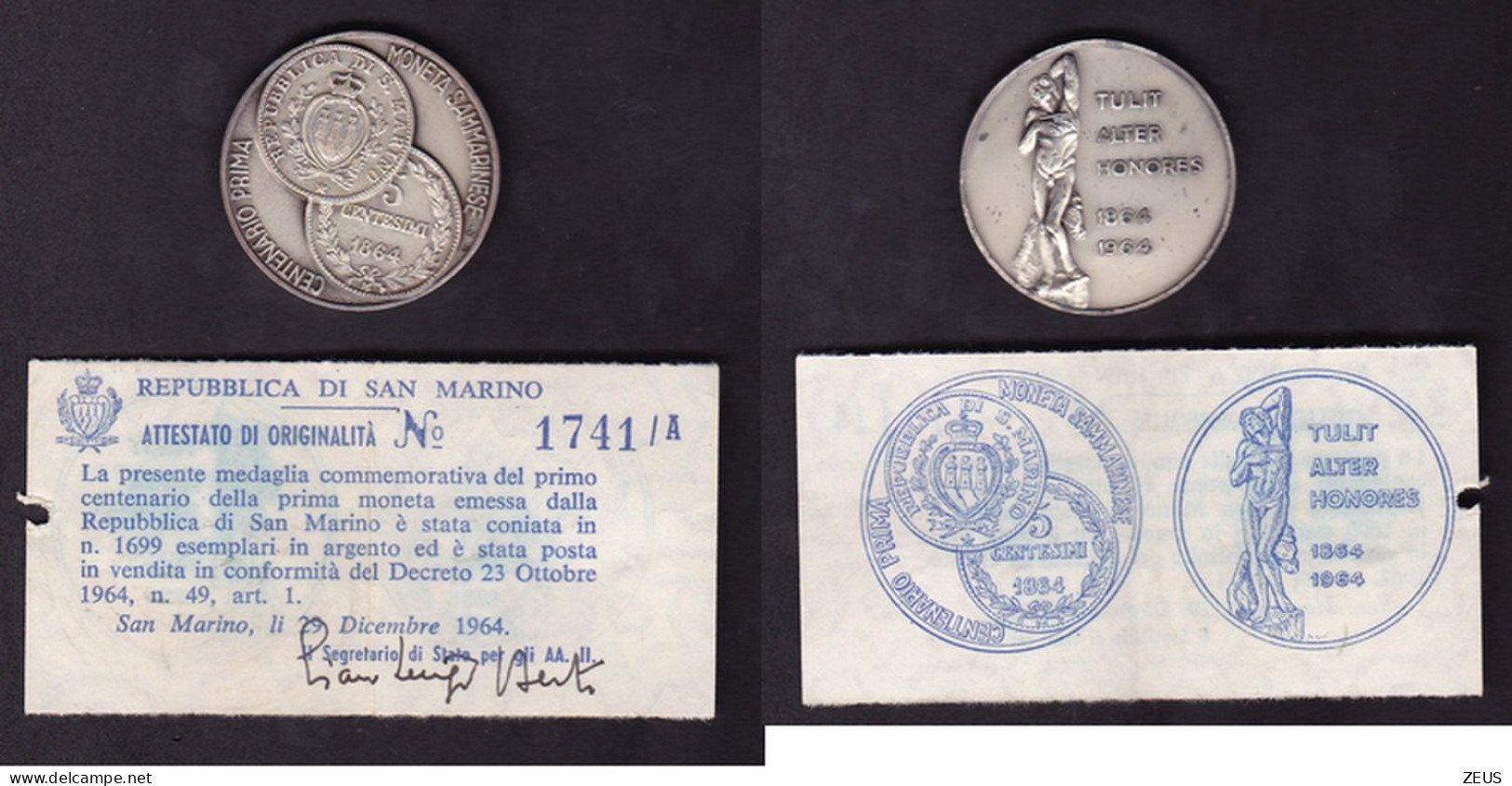 MEDAGLIA CENTENARIO DELLA PRIMA MONETA SAN MARINO  1964 ARGENTO - Italie