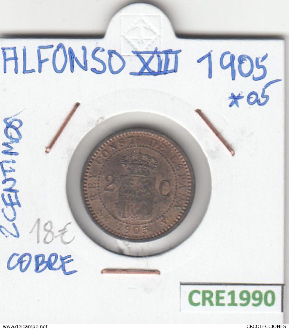 CRE1990 MONEDA ESPAÑA ALFONSO XIII 2 CENTIMOS 1905 -05 COBRE MBC - Autres & Non Classés