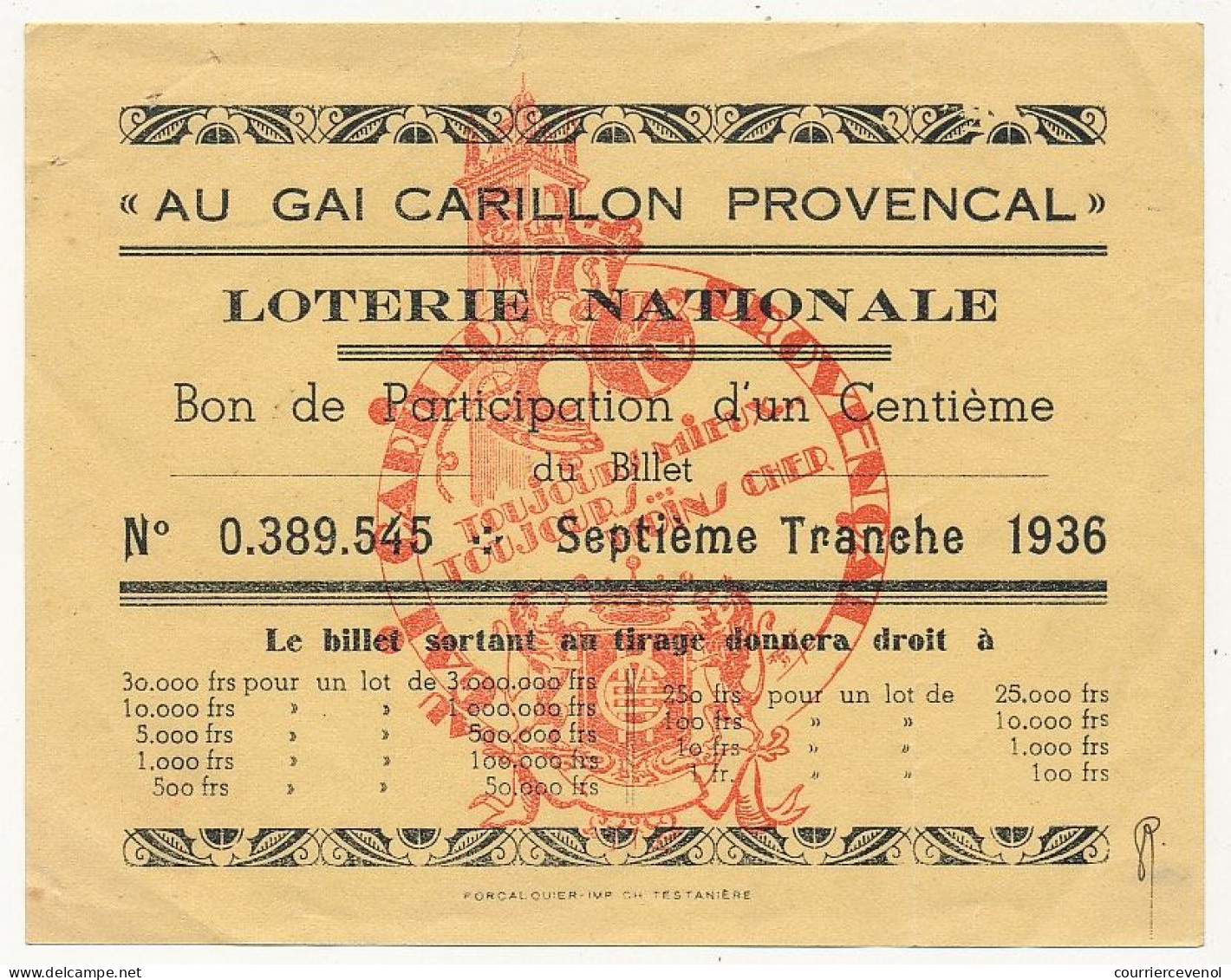 FRANCE - Loterie Nationale - AU GAI CARILLON PROVENCAL - 1/100ème - 7ème Tranche 1936 - - Billets De Loterie