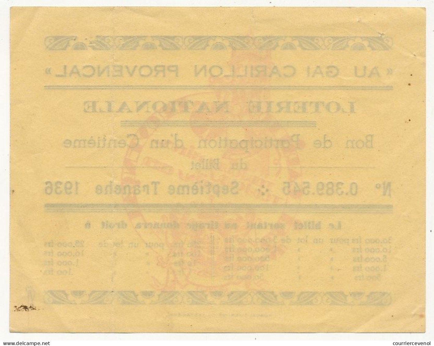 FRANCE - Loterie Nationale - AU GAI CARILLON PROVENCAL - 1/100ème - 7ème Tranche 1936 - - Biglietti Della Lotteria