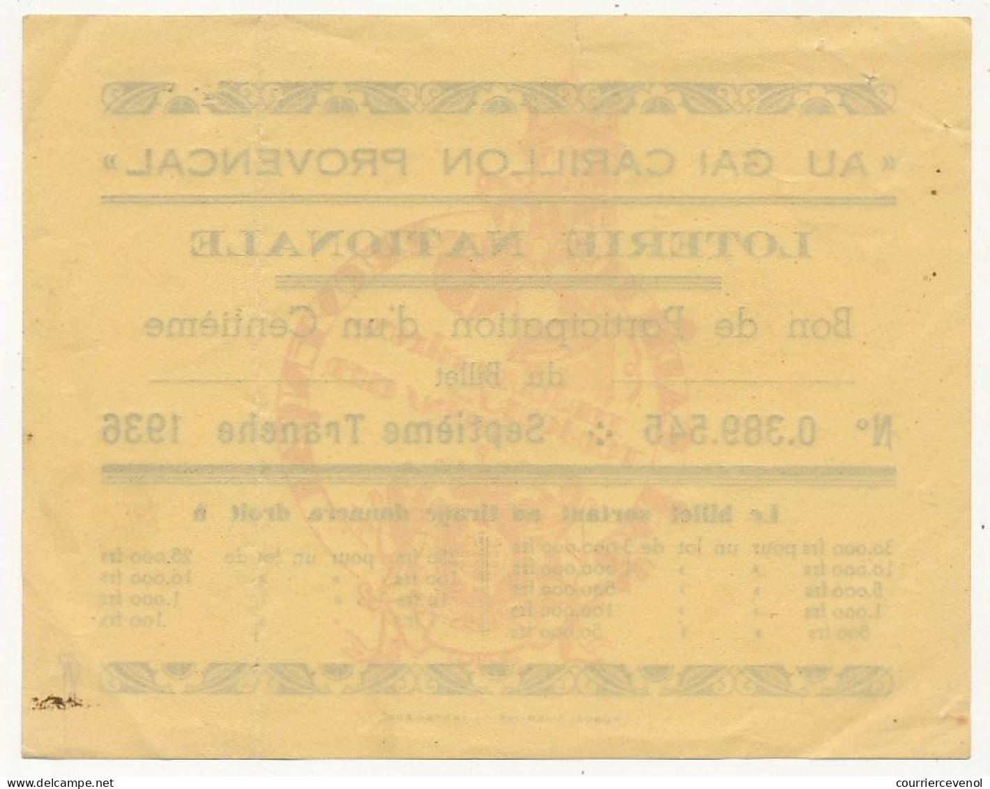 FRANCE - Loterie Nationale - AU GAI CARILLON PROVENCAL - 1/100ème - 7ème Tranche 1936 - - Billets De Loterie