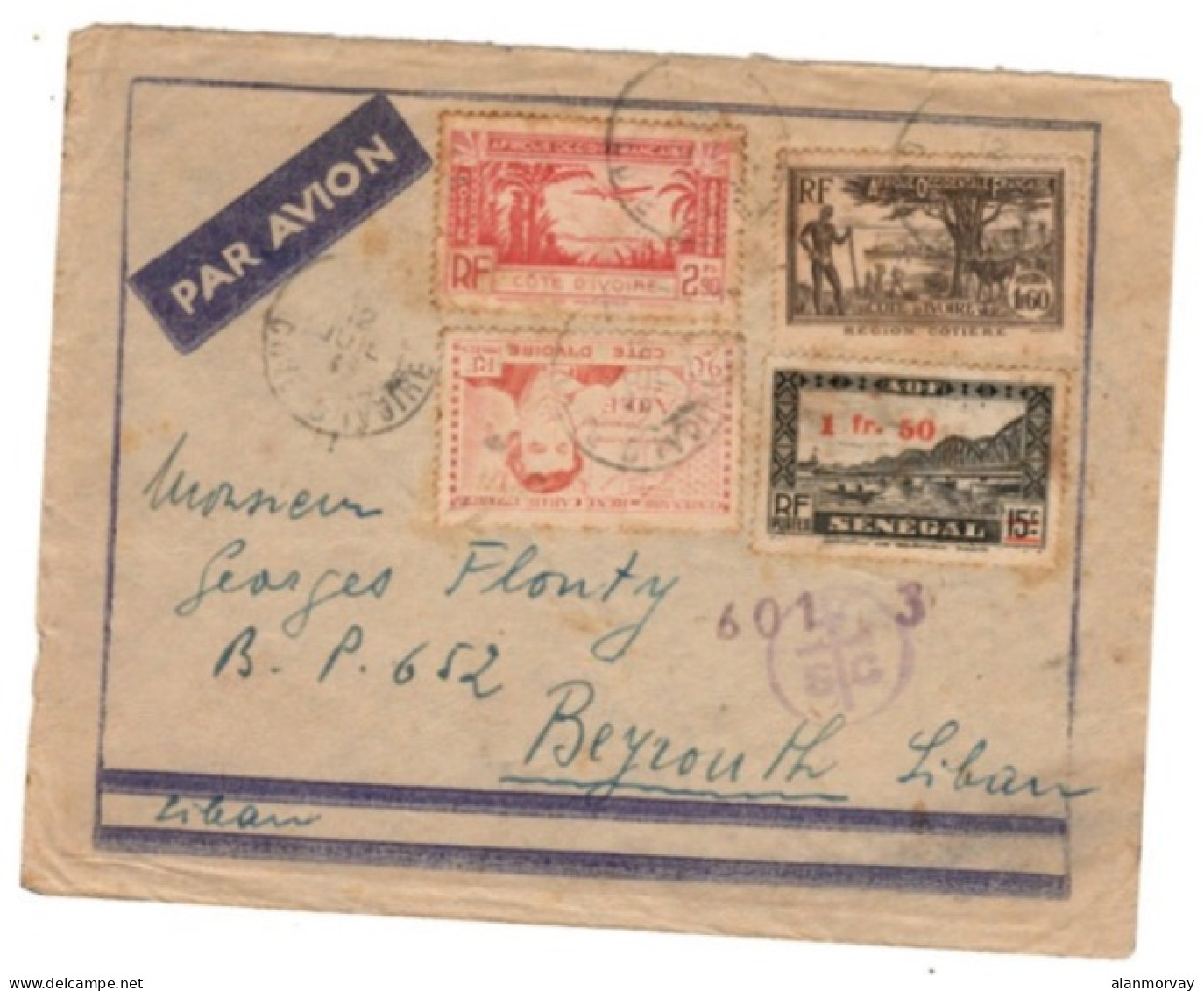 Ivory Coast - July 12, 1943 Censored Cover To Lebanon - Côte D'Ivoire (1960-...)