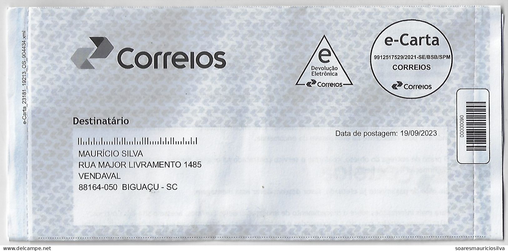 Brazil 2023 E-Carta Letter Sheet Mail Post Office Sent In September 19th To Biguaçu - Storia Postale