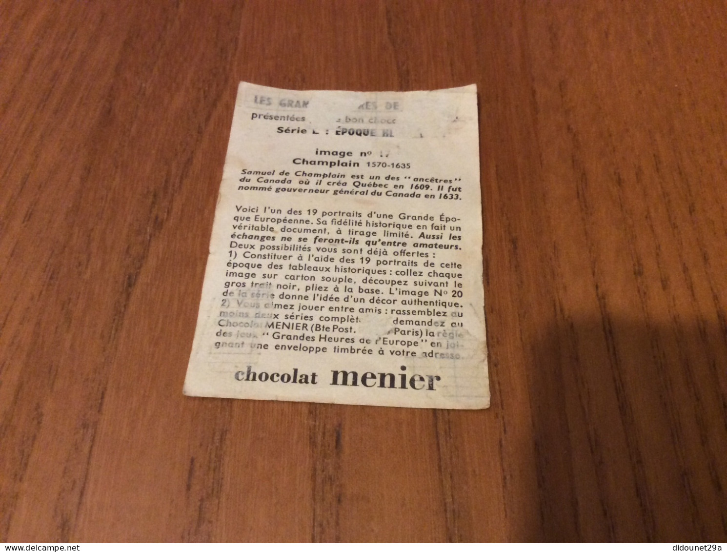 Chromo Chocolat Menier LES GRANDES HEURES DE L’EUROPE "Série E : ÉPOQUE HENRI IV - Nº17 Champlain" - Menier