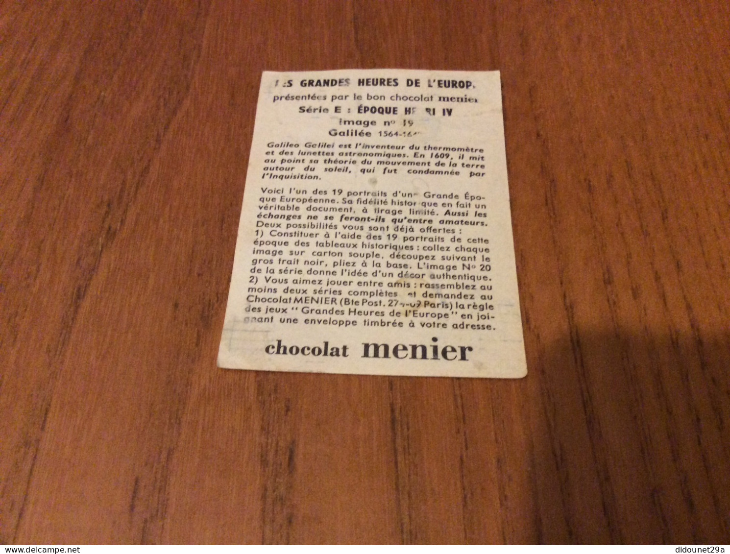 Chromo Chocolat Menier LES GRANDES HEURES DE L’EUROPE "Série E : ÉPOQUE HENRI IV - Nº19 Galilée" - Menier