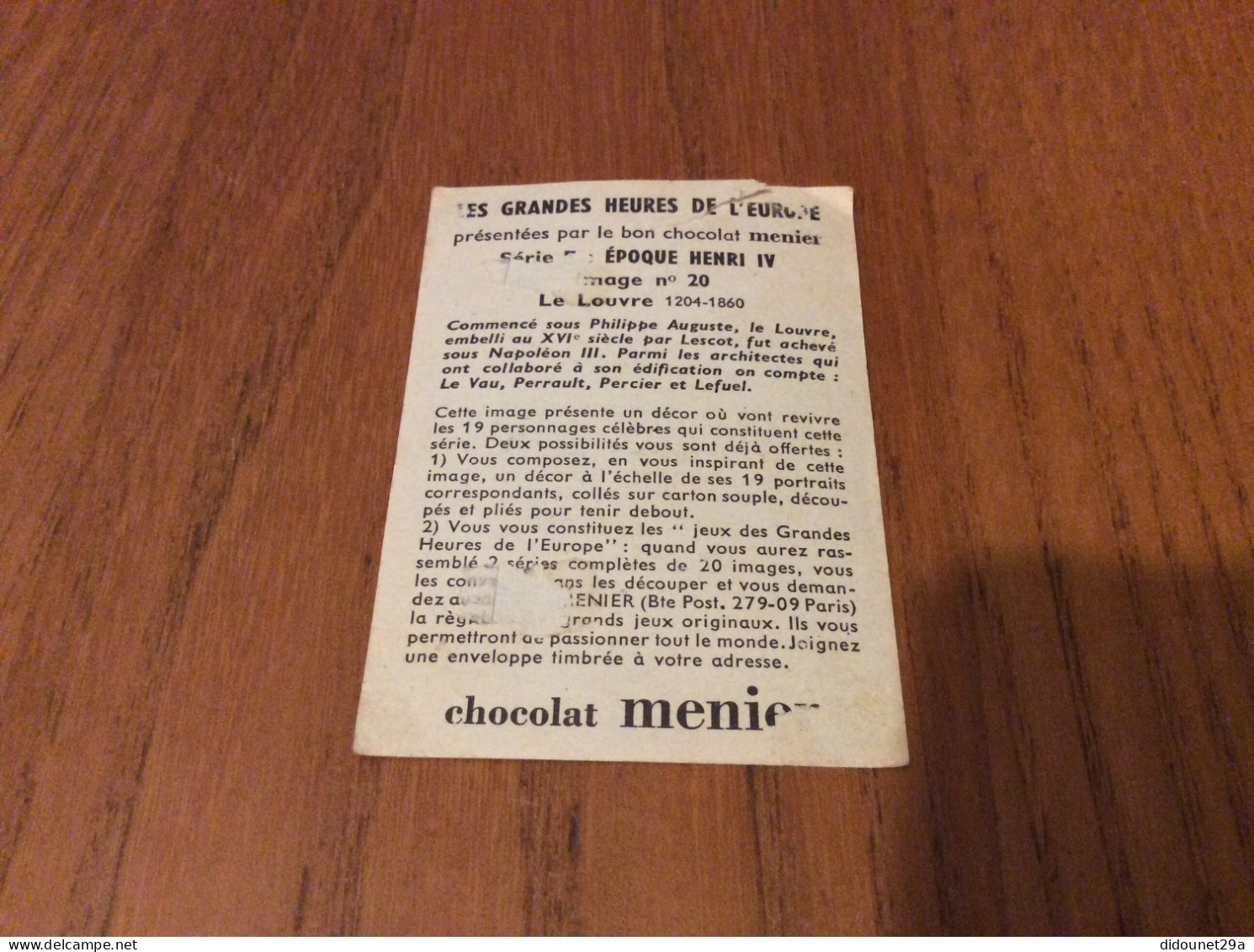 Chromo Chocolat Menier LES GRANDES HEURES DE L’EUROPE "Série E : ÉPOQUE HENRI IV - Nº20 Le Louvre" - Menier