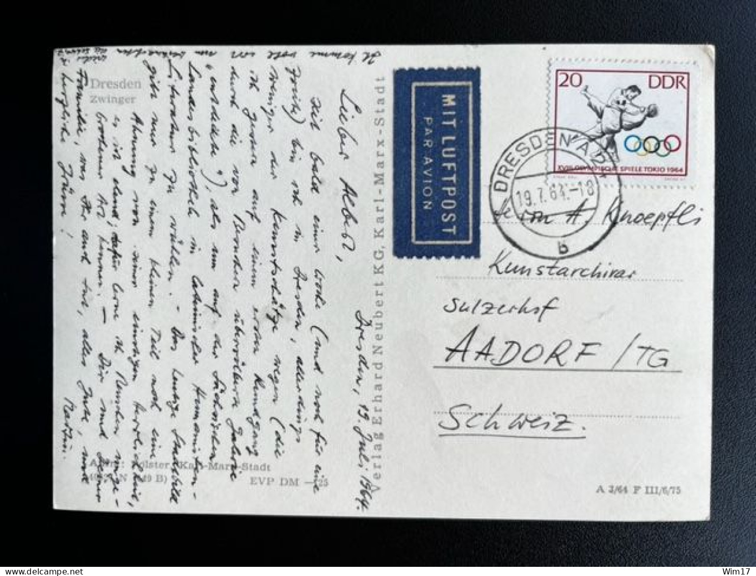 EAST GERMANY DDR 1964 POSTCARD DRESDEN TO AADORF 19-07-1964 OOST DUITSLAND DEUTSCHLAND JUDO SPORTS - Postkarten - Gebraucht