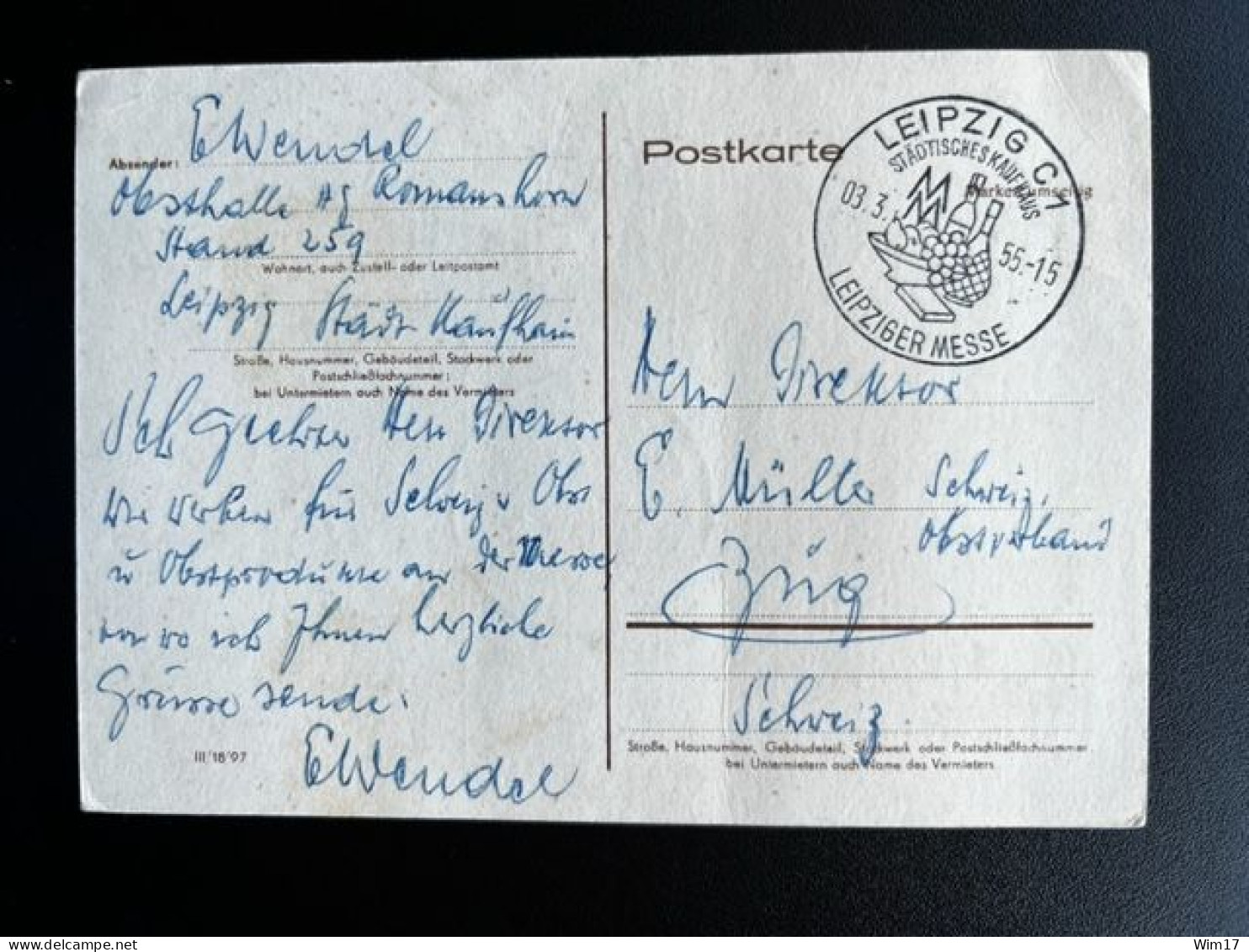 EAST GERMANY DDR 1955 POSTCARD LEIPZIG TO ZUG 03-03-1955 OOST DUITSLAND DEUTSCHLAND WINE GLASS FRUHJAHRSMESSE - Privé Postkaarten - Gebruikt